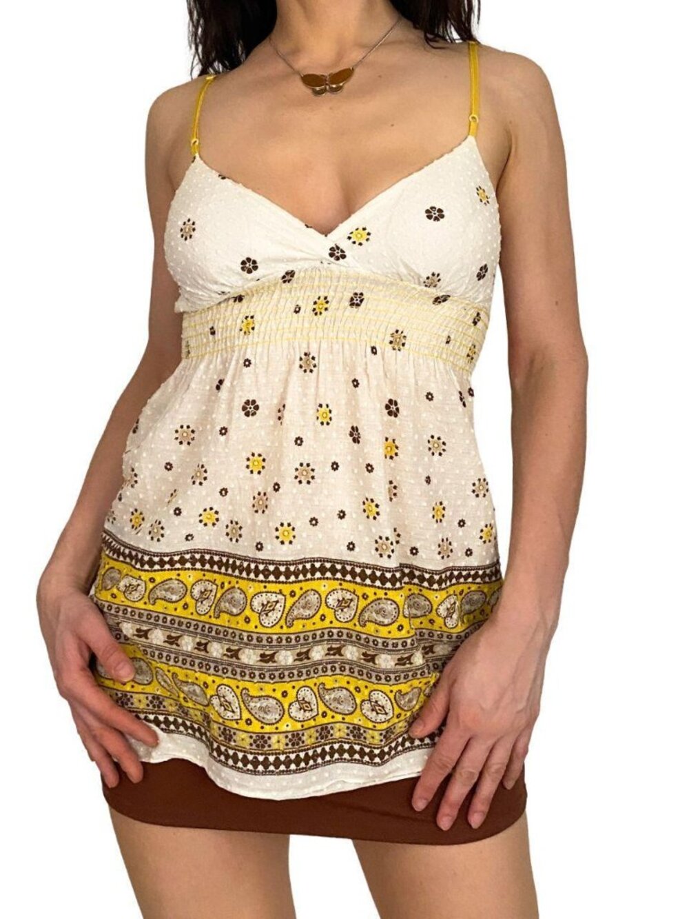 2000s boho babydoll cami with mixed floral paisley print.